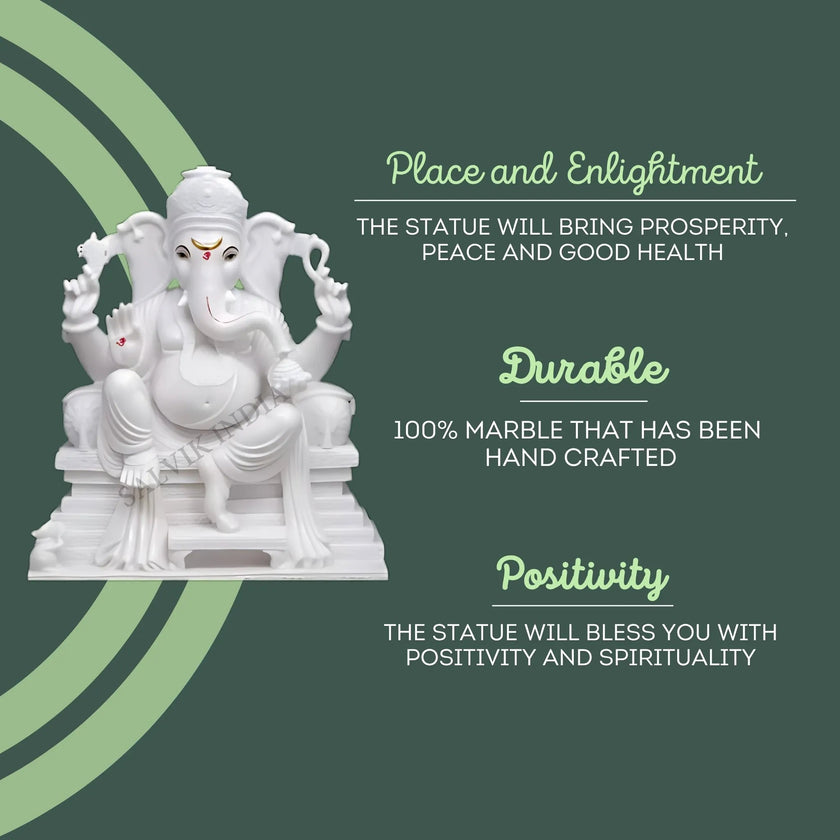 2 Feet White Marble Ganpati Idol – Handcrafted Statue for Prosperity and Positivity