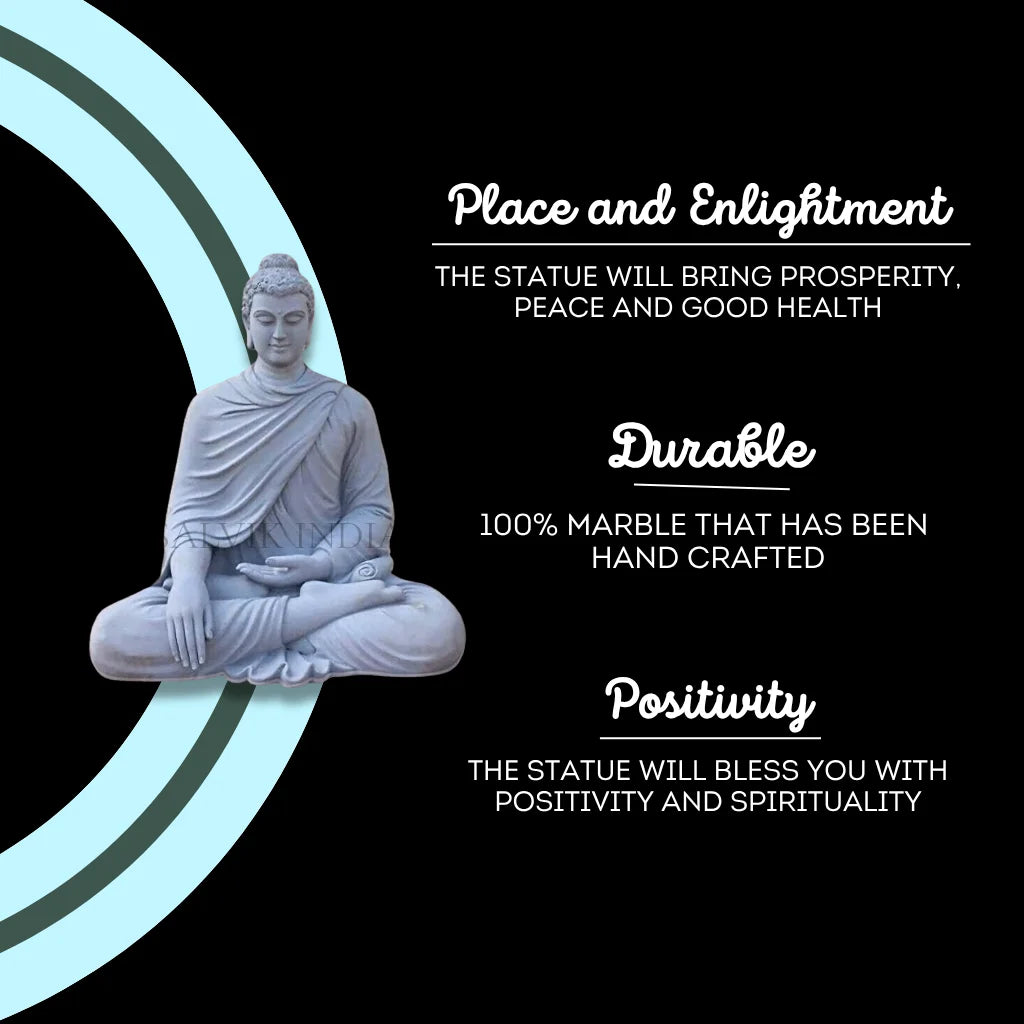 Handcrafted detailing on marble Gautam Buddha idol with fine carving