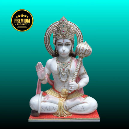 Marble Hanuman Moorti in Sitting Blessing Pose made from Makrana White Marble