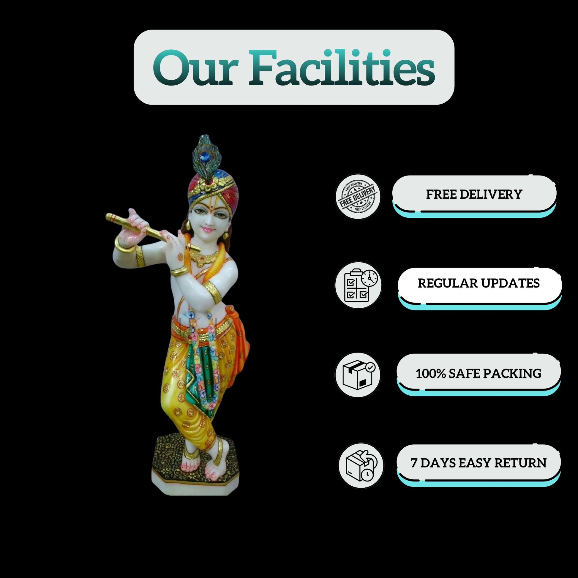 Fine carving details of Marble Krishna Murti handcrafted idol