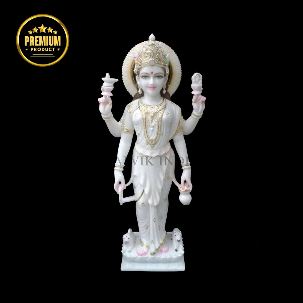 White Makrana marble Laxmi Murti depicting Goddess Lakshmi seated on a lotus