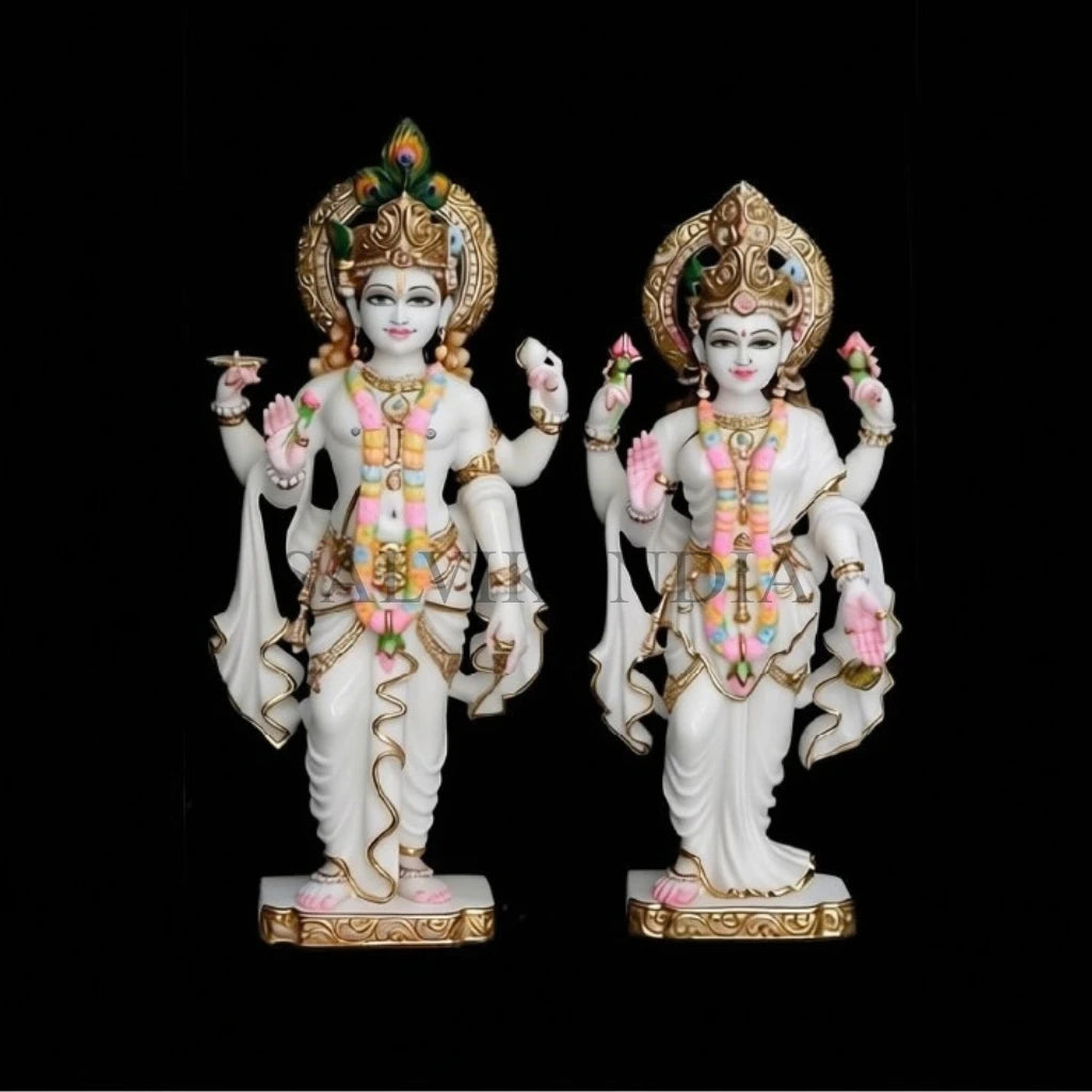 Handcrafted Marble Laxmi Narayan Idol in white marble with gold-painted details