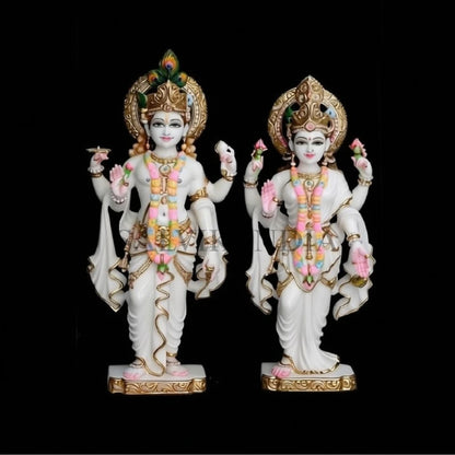 Handcrafted Marble Laxmi Narayan Idol in white marble with gold-painted details