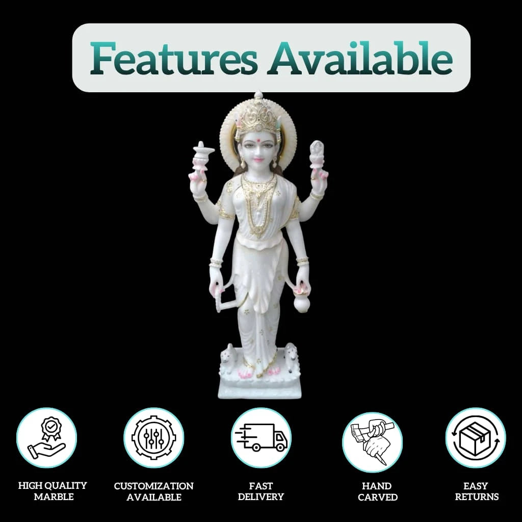 Handcrafted Marble Laxmi Statue featuring traditional Indian carving