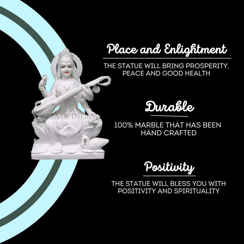 Marble Saraswati idol with swan base for temple decor