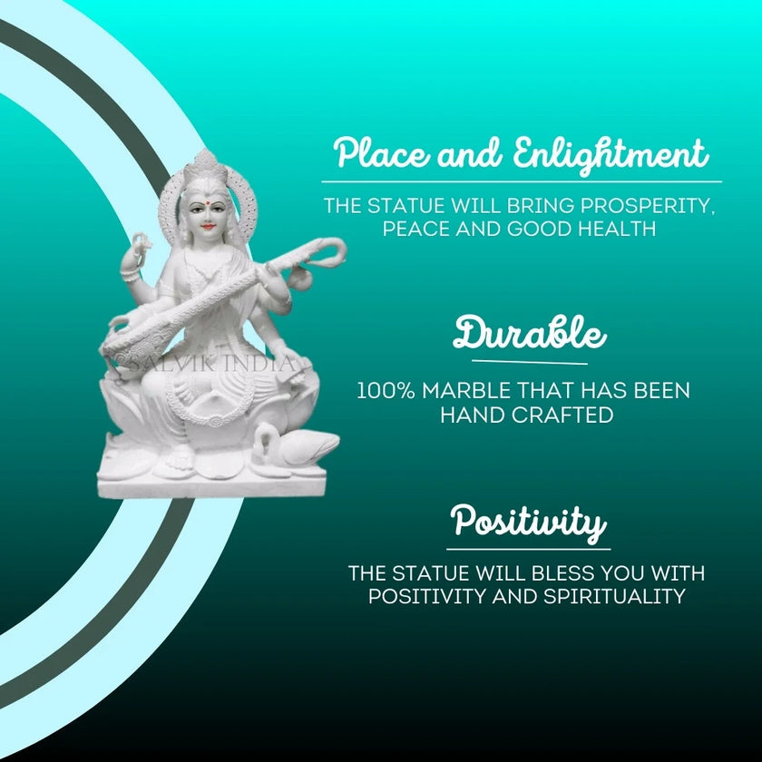Marble Saraswati idol with swan base for temple decor