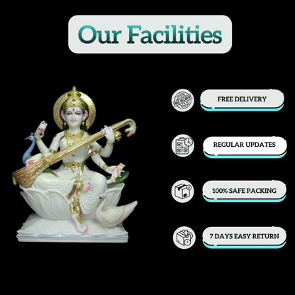 Marble Saraswati idol detail carving lotus base close-up