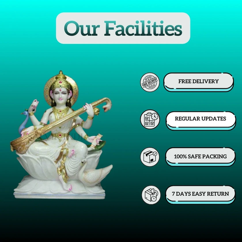 Marble Saraswati idol detail carving lotus base close-up