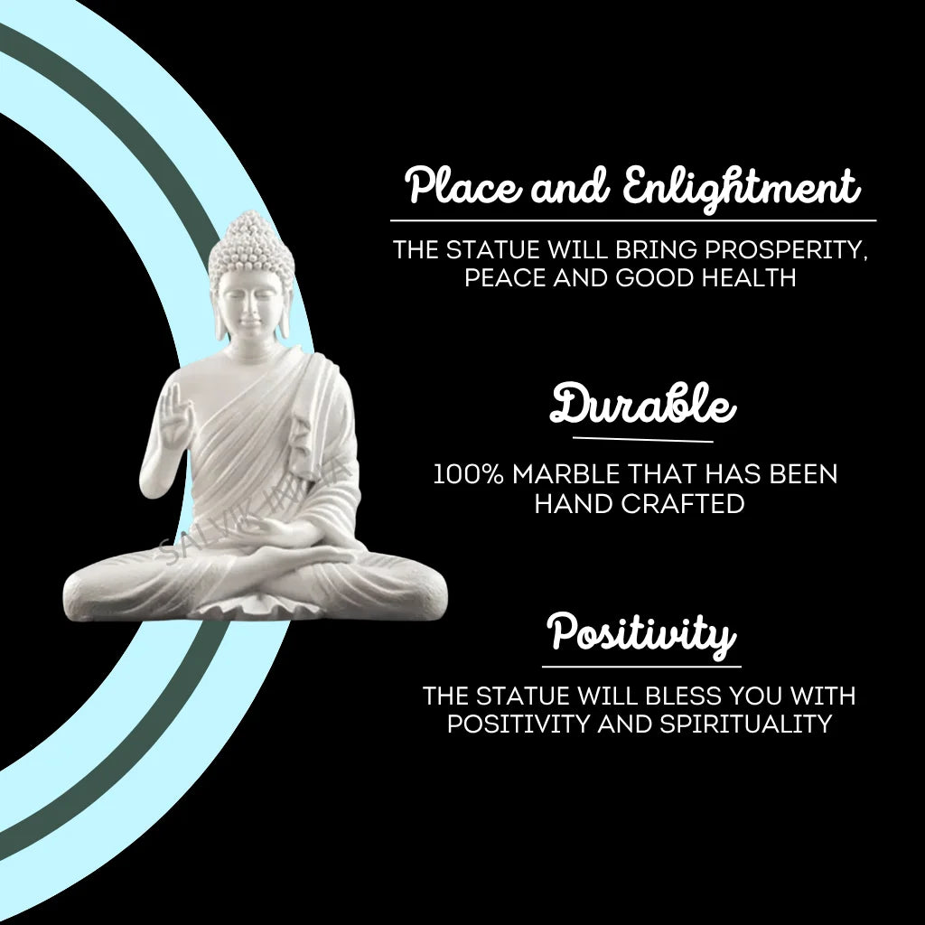 Calm facial detailing on meditating marble Buddha statue