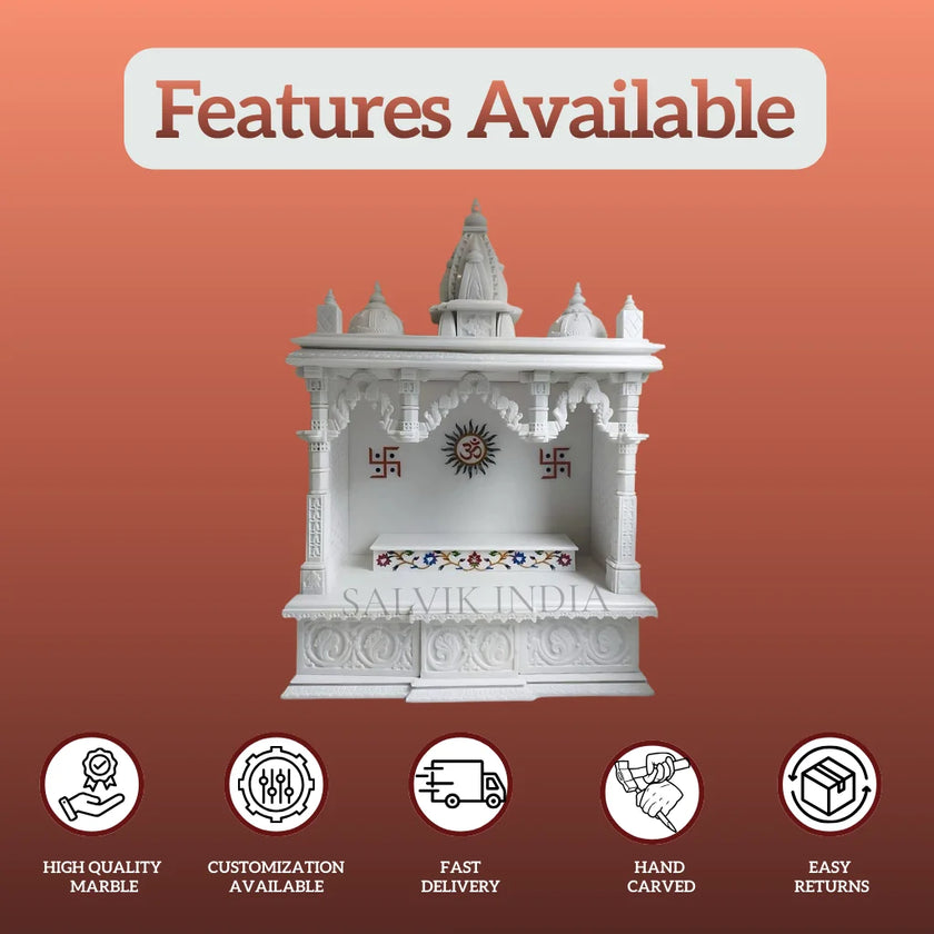 mini white marble mandir carving detail compact handcrafted temple design