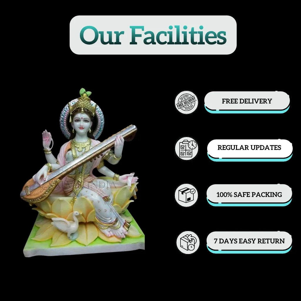 Painted Saraswati murti handcrafted detail artwork