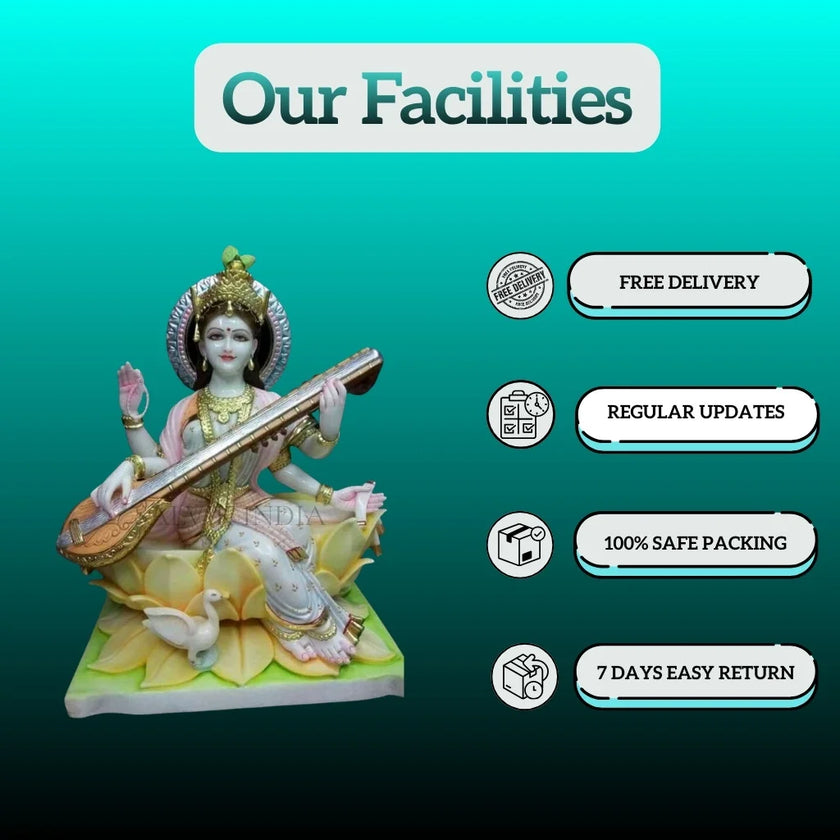 Painted Saraswati murti handcrafted detail artwork