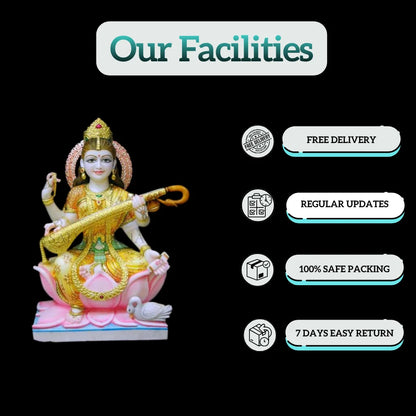 Painted Saraswati marble statue premium detail close-up