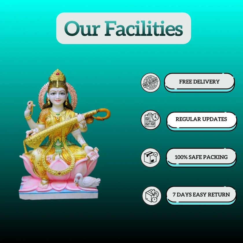 Painted Saraswati marble statue premium detail close-up