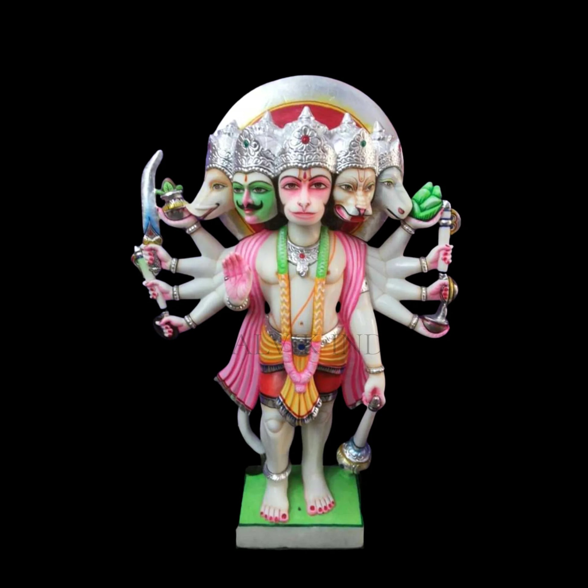 Panchmukhi Hanuman marble idol handcrafted from white marble by Salvik India, five-faced Hanuman statue with detailed carving.