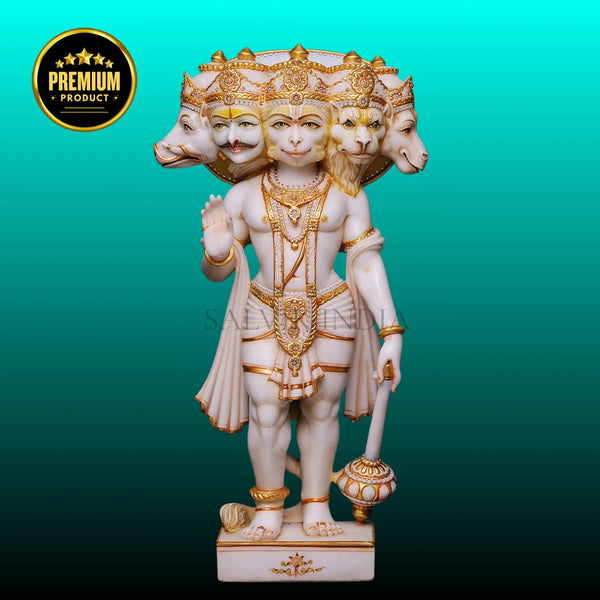 Panchmukhi Hanuman marble statue handcrafted in Makrana white marble by Salvik India, detailed five-faced Hanuman idol for temples and homes.