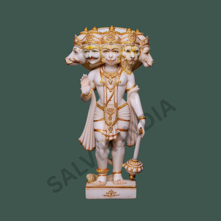 Panchmukhi Hanuman marble statue handcrafted in Makrana white marble by Salvik India, detailed five-faced Hanuman idol for temples and homes.