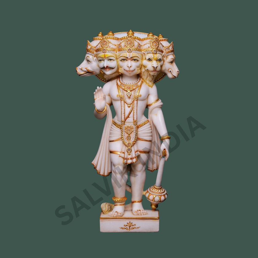 Panchmukhi Hanuman marble statue handcrafted in Makrana white marble by Salvik India, detailed five-faced Hanuman idol for temples and homes.