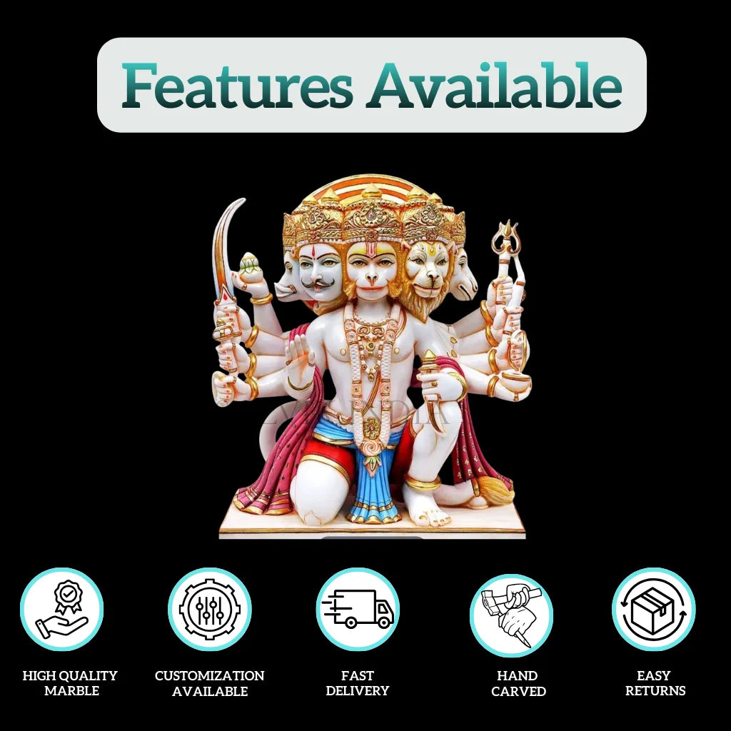 Panchmukhi Hanuman marble idol showing features like high quality marble, customization, fast delivery, hand carved finish and easy returns