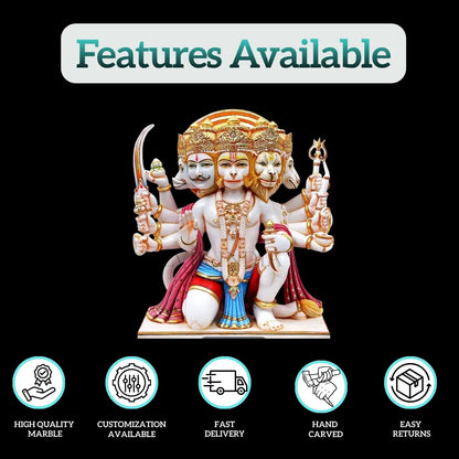 Panchmukhi Hanuman marble idol showing features like high quality marble, customization, fast delivery, hand carved finish and easy returns