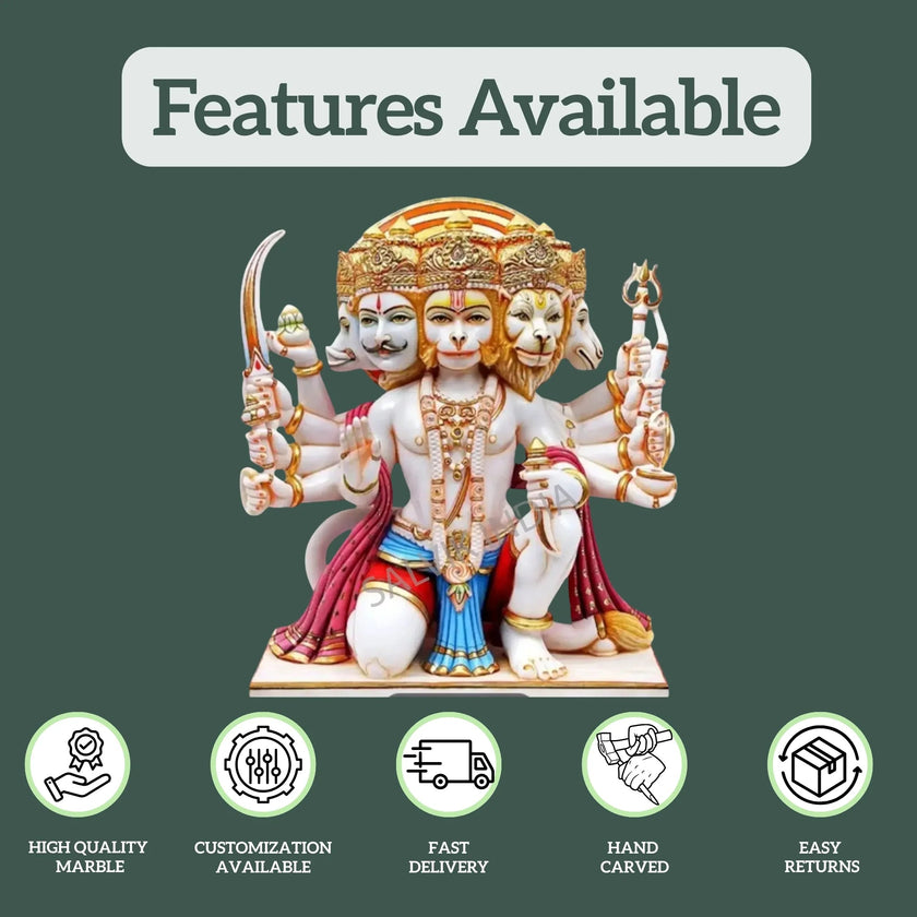 Panchmukhi Hanuman marble idol showing features like high quality marble, customization, fast delivery, hand carved finish and easy returns