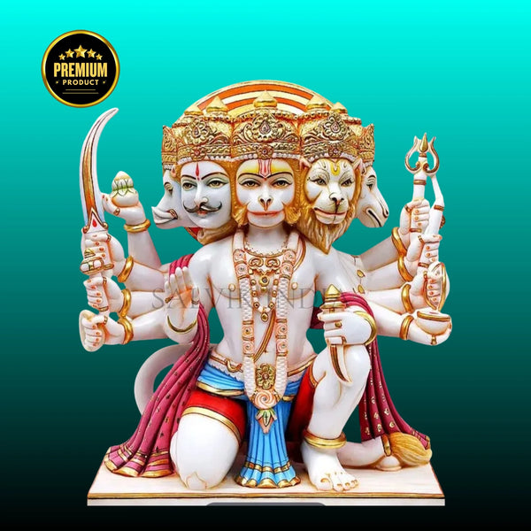Marble Panchmukhi Hanuman Murti made in Makrana marble – five-faced Hanuman statue handcrafted for home temples