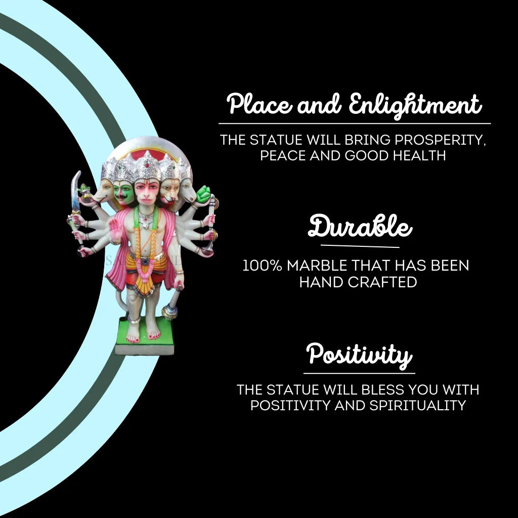 Panchmukhi Hanuman marble statue symbolizing peace, durability, and positivity, handcrafted from 100% white marble.