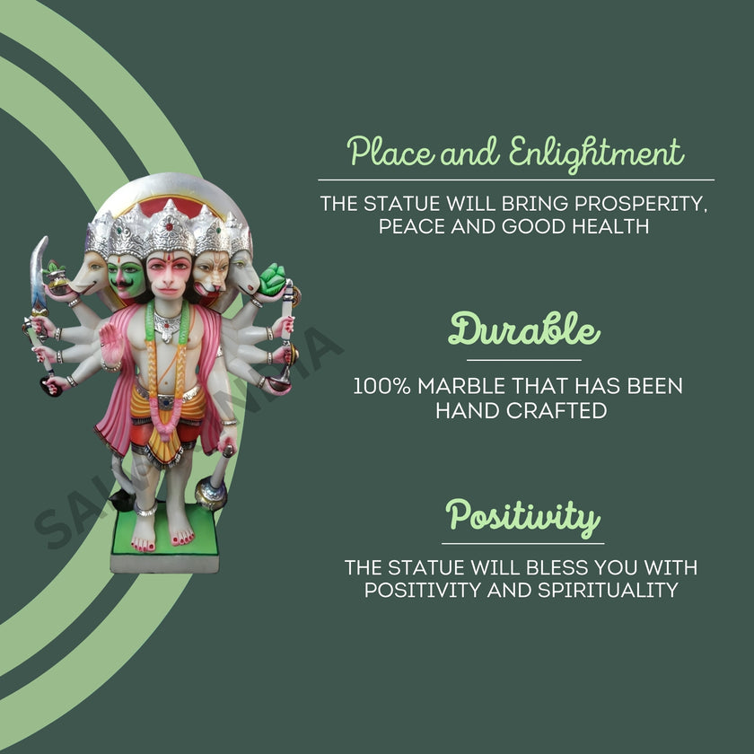 Panchmukhi Hanuman marble statue symbolizing peace, durability, and positivity, handcrafted from 100% white marble.