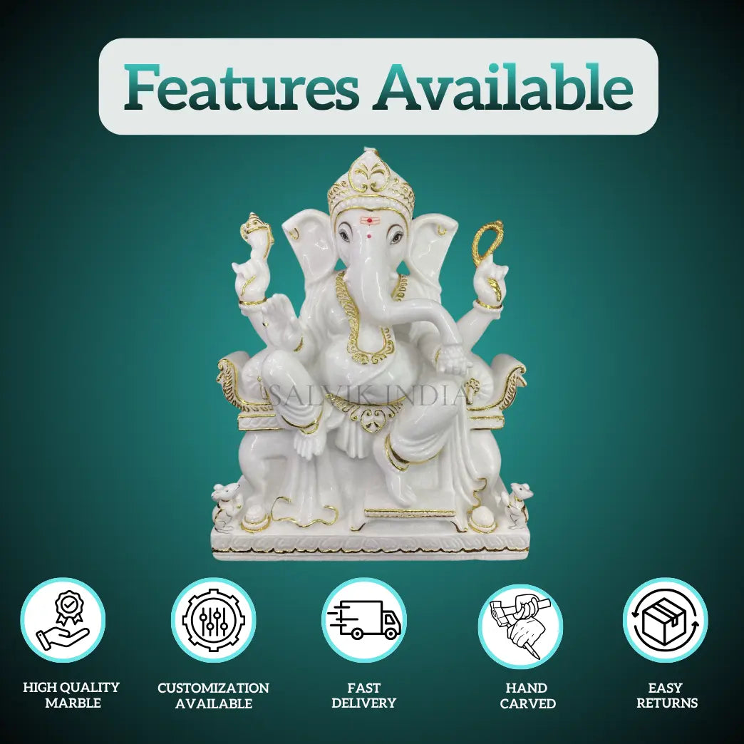 Pillaiyar Marble Ganesh Murti – High Quality Makrana Marble, Customization, Fast Delivery, Hand Carved Statue