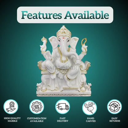 Pillaiyar Marble Ganesh Murti – High Quality Makrana Marble, Customization, Fast Delivery, Hand Carved Statue