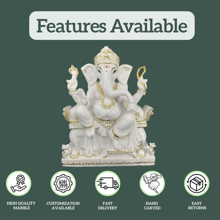 Pillaiyar Marble Ganesh Murti – High Quality Makrana Marble, Customization, Fast Delivery, Hand Carved Statue