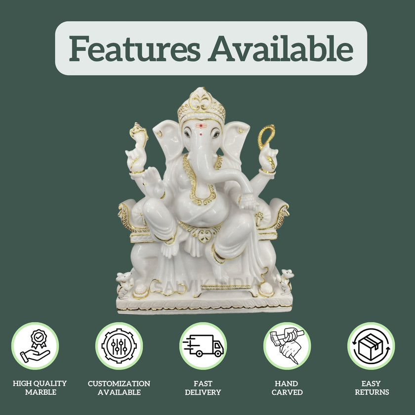 Pillaiyar Marble Ganesh Murti – High Quality Makrana Marble, Customization, Fast Delivery, Hand Carved Statue