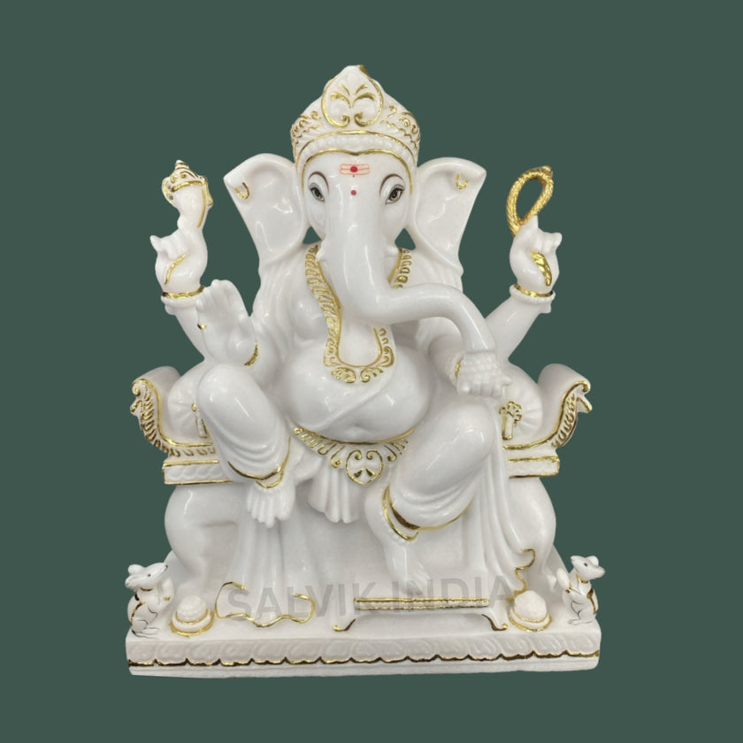 Handcrafted Pillaiyar Marble Murti – White Marble Ganesh Idol by Salvik India