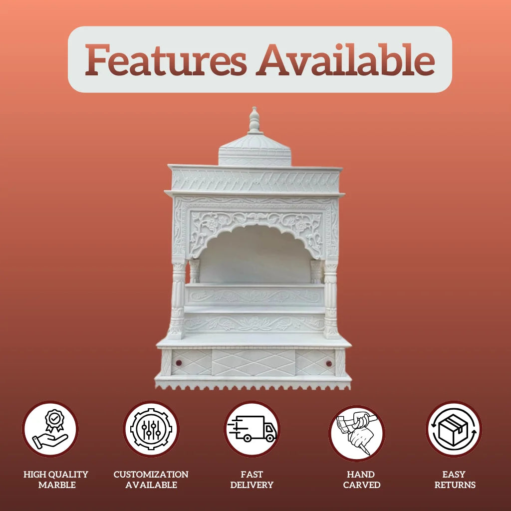 Front view of pillar style marble mandir with carved dome and detailed back panel