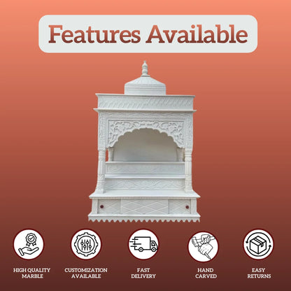 Front view of pillar style marble mandir with carved dome and detailed back panel