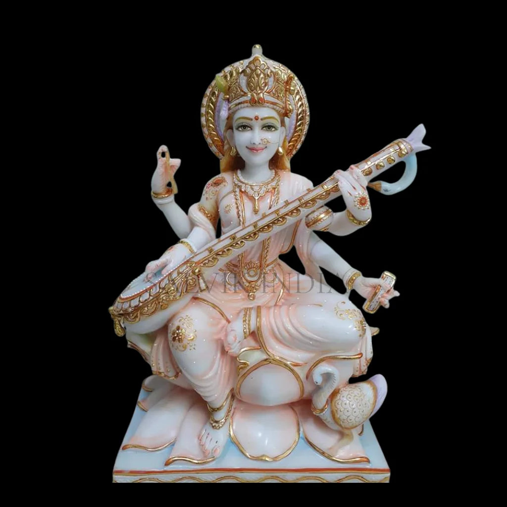 Premium designer marble Saraswati statue handcrafted carving