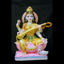 Premium painted marble Saraswati idol with lotus base statue