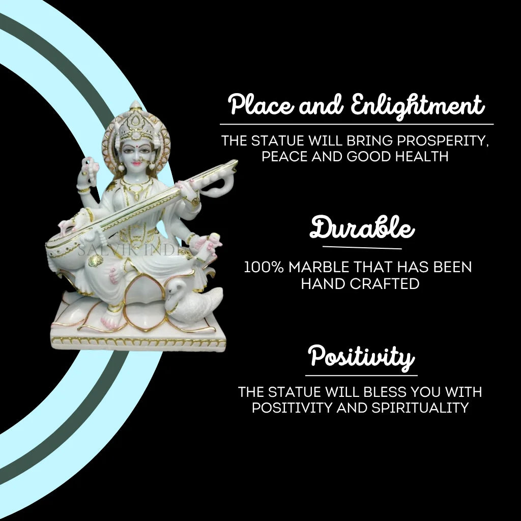 Saraswati marble murti polished finish close-up carving