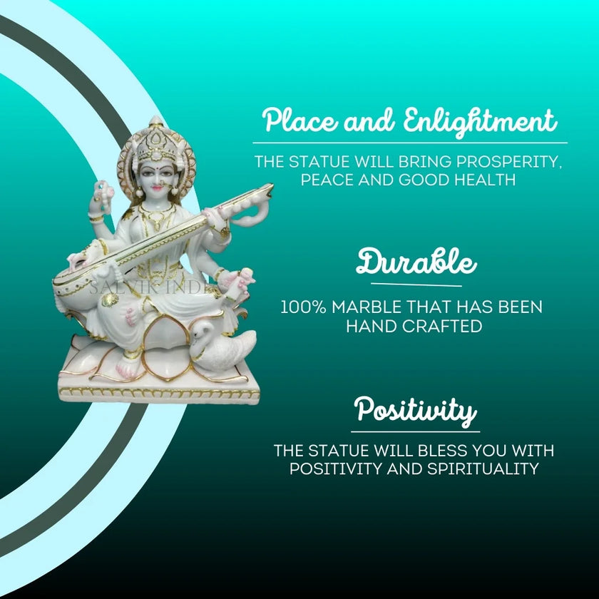 Saraswati marble murti polished finish close-up carving
