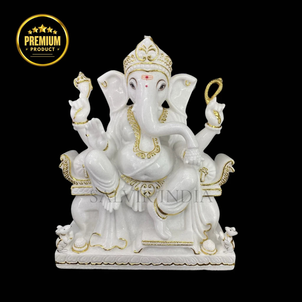 Pure white marble Pillaiyar Ganesh Murti with intricate handcrafted detailing