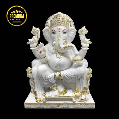 Handcrafted Ganesh Marble Idol in pure white Makrana marble for home and temple