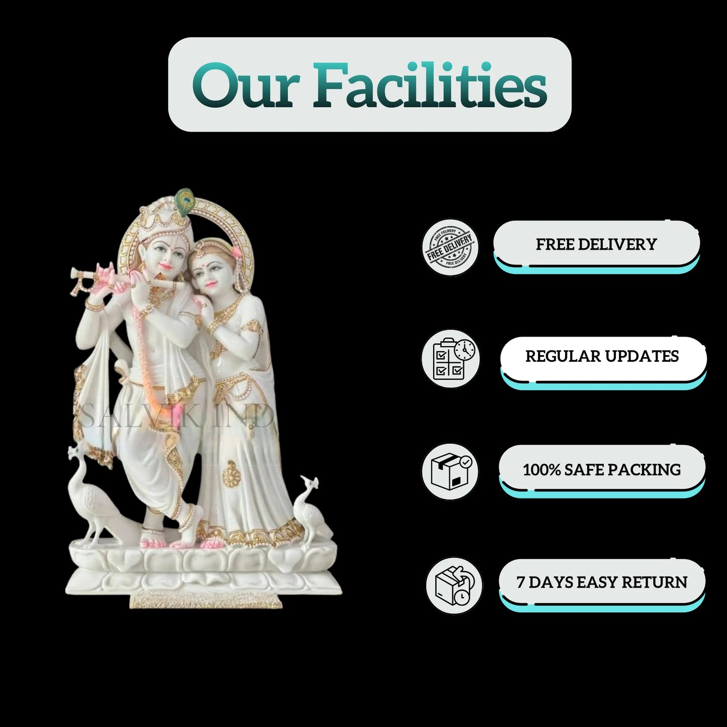 Radha Krishna Idol Marble displayed in home pooja room or temple setting