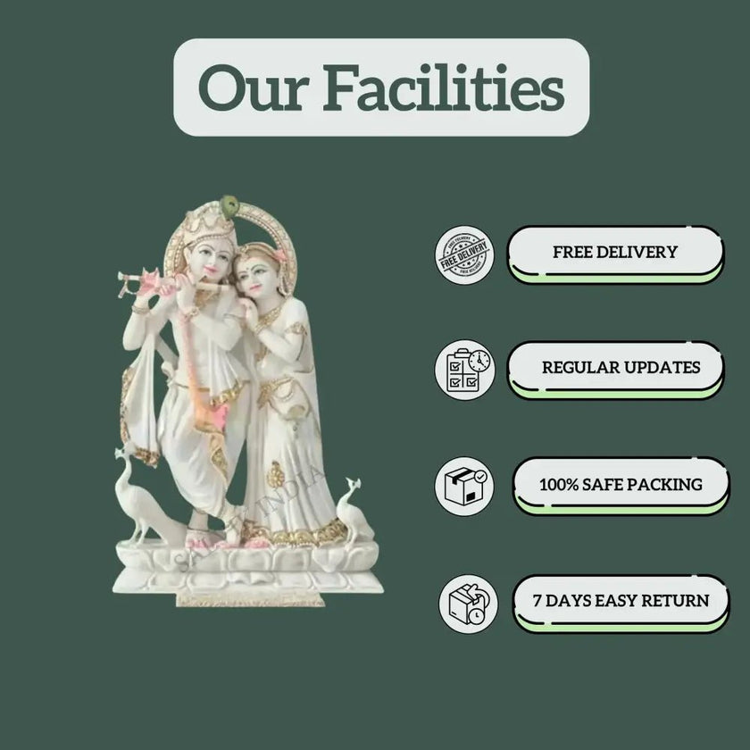 Radha Krishna Idol Marble displayed in home pooja room or temple setting