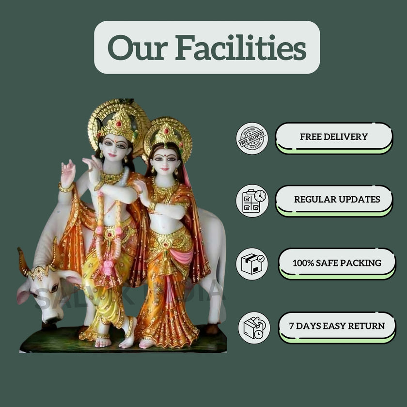 Radha Krishna Jugal Marble Murti with Cow – Ideal for Temple & Home Decor