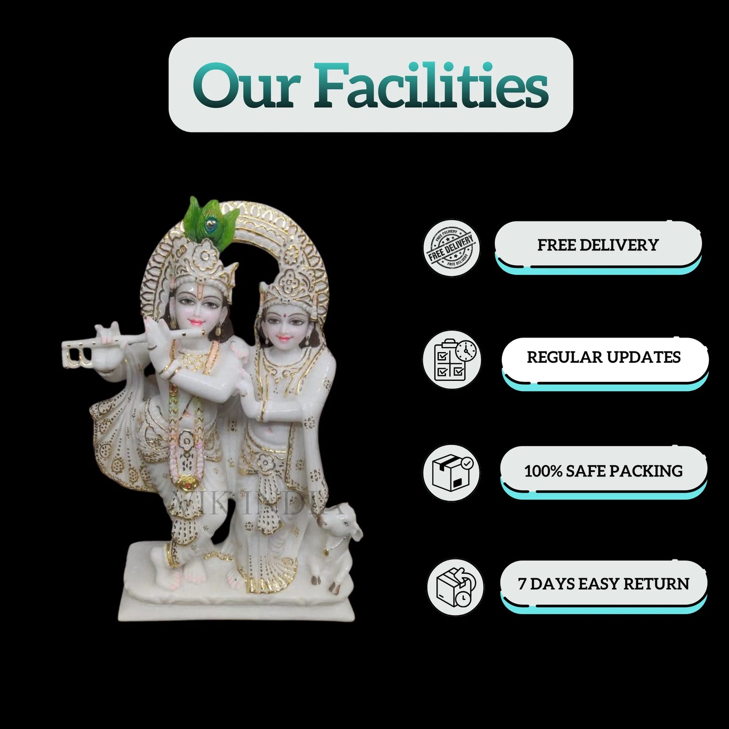 Close-up of Radha Krishna Jugal Marble Statue with Cow Detailing – Handcrafted Marble