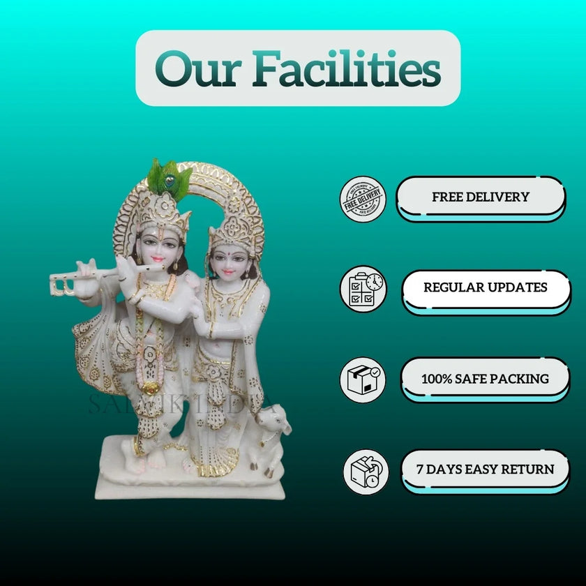Close-up of Radha Krishna Jugal Marble Statue with Cow Detailing – Handcrafted Marble