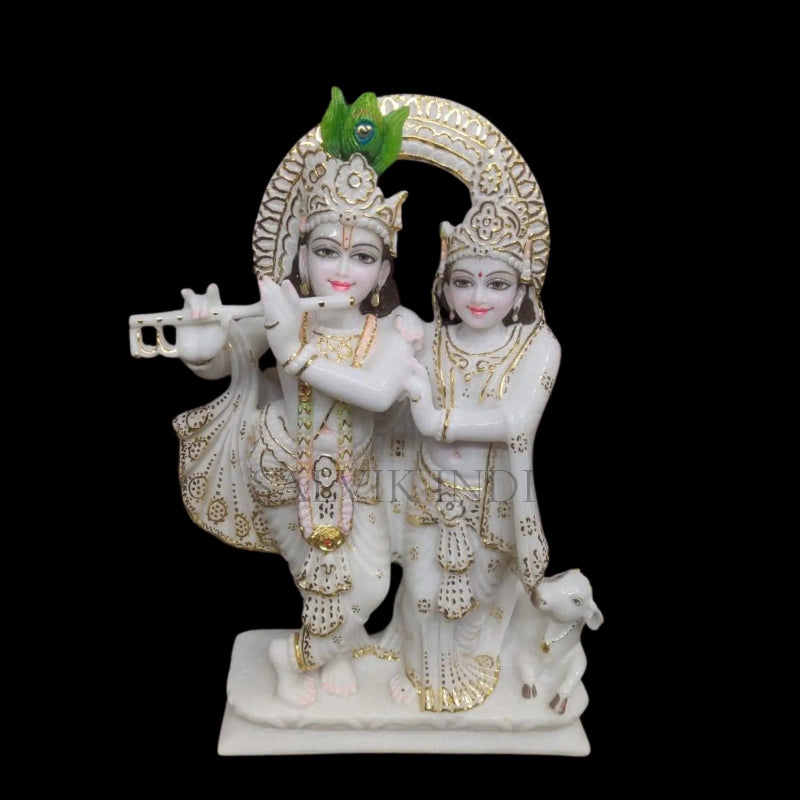 Radha Krishna Jugal Marble Statue with Cow – Front View Handcrafted Marble Idol