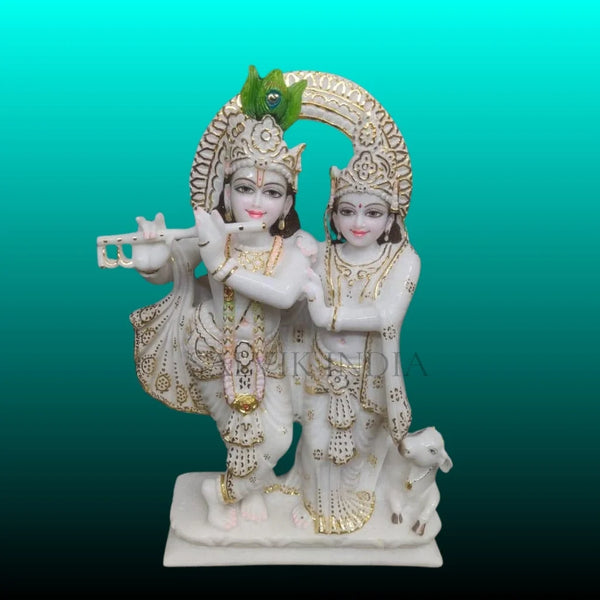 Radha Krishna Jugal Marble Statue with Cow – Front View Handcrafted Marble Idol