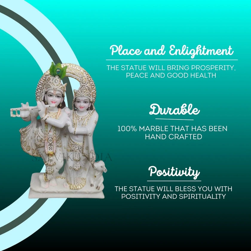 Radha Krishna Jugal Marble Statue with Cow for Home Temple & Décor