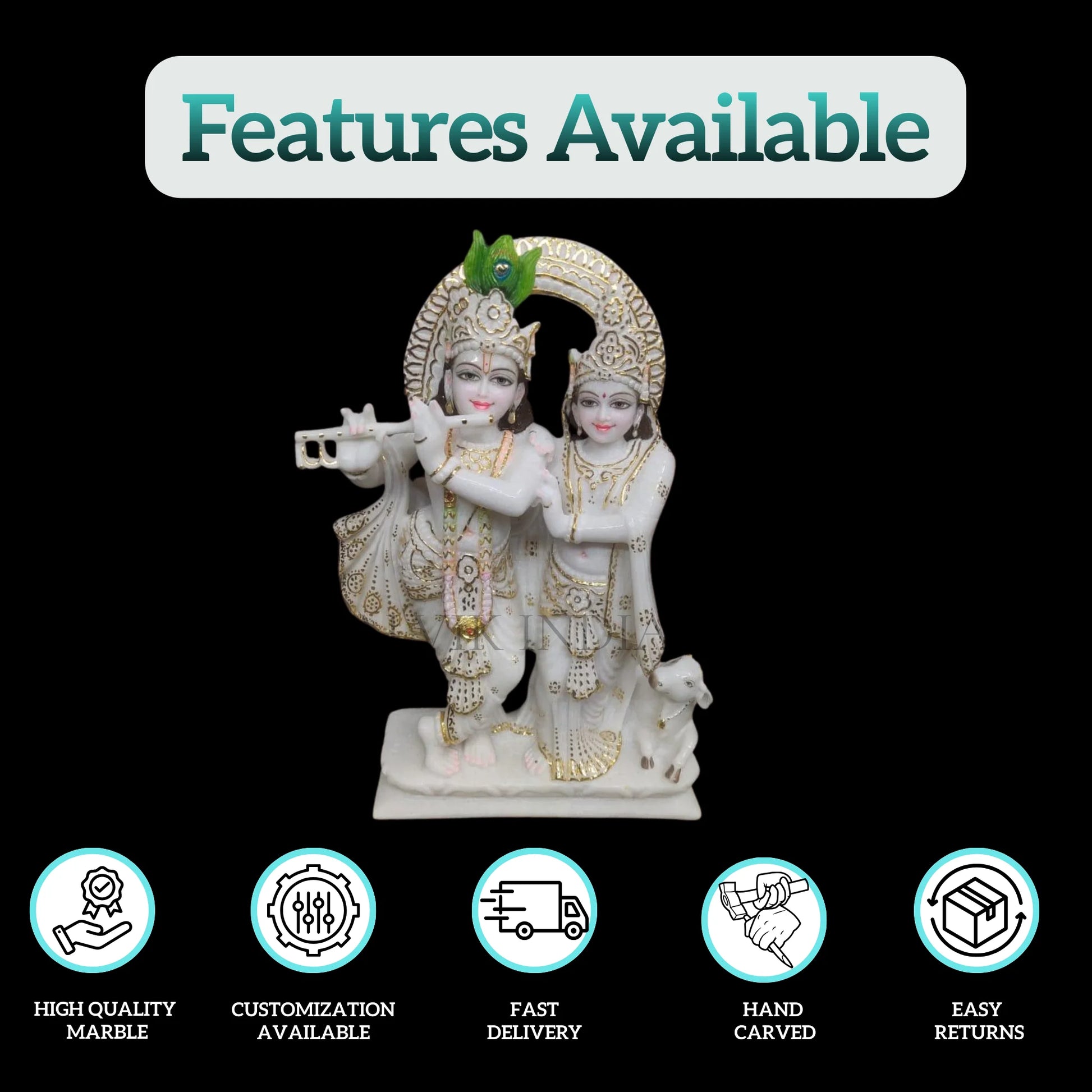 Radha Krishna Jugal Marble Statue with Cow – Side View Premium Marble